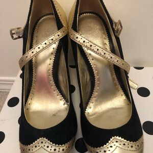 Coach Black Suede and Gold Metallic Leather Mary Jane Heels Size 5.5